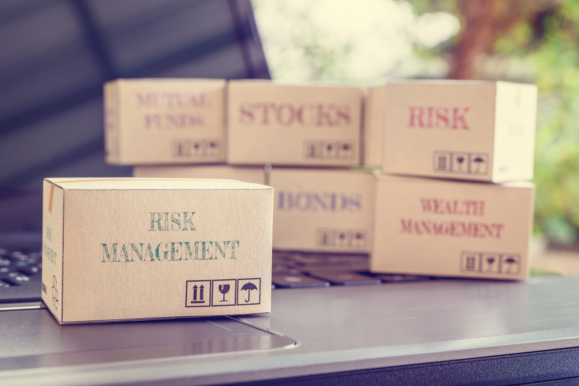 Caja con palabras Gestión de riesgos en un portátil